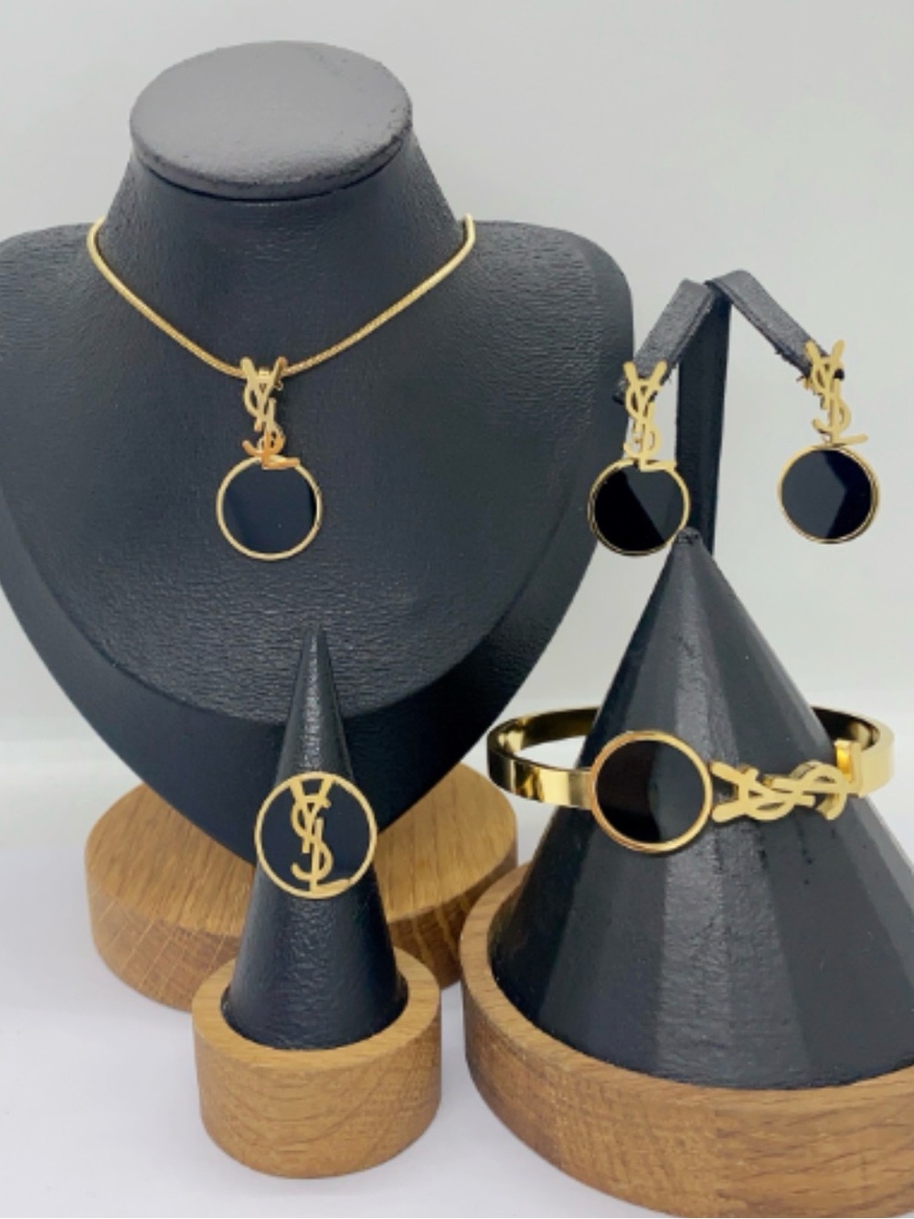 Stainless steel Gold and Black Jewelry Set - Necklace, Bracelet, Earrings, Ring